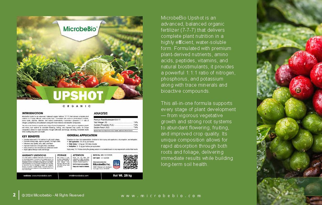 MicrobeBio Upshot is an advanced, balanced organic fertilizer (7-7-7) that delivers complete plant nutrition in a highly efficient, water-soluble form. Formulated with premium plant-derived nutrients, amino acids, peptides, vitamins, and natural biostimulants, it provides a powerful 1:1:1 ratio of nitrogen, phosphorus, and potassium along with trace minerals and bioactive compounds. This all-in-one formula supports every stage of plant development from vigorous vegetative growth and strong root systems to abundant flowering, fruiting, and improved crop quality. Its unique composition allows for rapid absorption through both roots and foliage, delivering immediate results while building long-term soil health. Balanced Nutrition for All Growth Stages — Supplies equal parts of nitrogen for lush green growth, phosphorus for strong roots and energy transfer, and potassium for disease resistance, fruit development, and overall plant hardiness. Rapid Uptake and High Efficiency — Contains free amino acids and peptides that plants can absorb quickly, reducing nutrient loss and improving fertilizer use efficiency compared to traditional sources. Promotes Explosive Growth & Vigor — Stimulates robust shoot and root development, leading to healthier, more resilient plants with faster establishment and higher productivity. Enhances Yield and Crop Quality — Increases fruit set, size, color, flavor, and nutritional value while supporting uniform ripening and better harvest quality. Boosts Stress Tolerance — Helps plants withstand environmental stresses such as drought, heat, cold, salinity, and transplant shock through improved physiological resilience. Feeds Beneficial Soil Microbes — Acts as a powerful biostimulant that activates and nourishes the soil microbiome, enhancing nutrient cycling, organic matter content, and long-term soil fertility. Improves Nutrient Availability — Naturally chelates and unlocks bound nutrients in the soil, promoting better overall uptake of macro- and micronutrients. Low Salt Index & Gentle on Plants — Minimizes the risk of fertilizer burn while being safe for use in both conventional and organic production systems. MICROBEBIO UPSHOT is fully water-soluble and versatile — ideal for broadcast application, foliar sprays, drip irrigation, fertigation, or hydroponics. It performs exceptionally well on vegetables, fruits, row crops, turfgrass, flowers, and ornamentals.